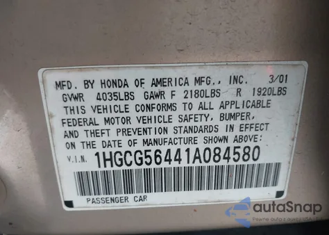 2001 Honda Accord 2.3 Lx from USA, damaged, VIN 1HGCG56441A084580